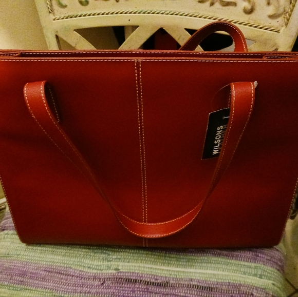 Wilson's VINTAGE Red Leather Large Bag.👜NEW Size L.16"×H.12",Nice Gift!🎁 - Picture 10 of 16